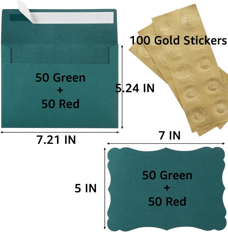 Toperd 100 Pack A7 Envelopes with Colorful Blank 5 x 7 Cards Self-Adhesive Business Envelopes Invitations Cards Envelopes (Christmas Green Red, A7) - Image 2